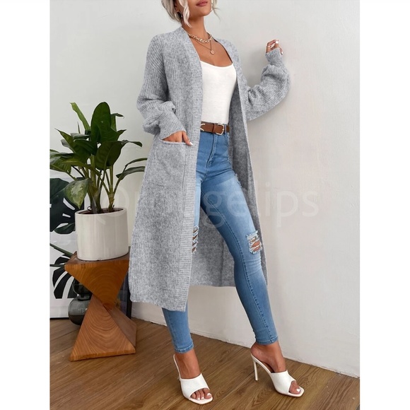 Grey Duster Cardigan Front Pockets Cable Knit Long Sleeve Midi Length - Picture 4 of 8